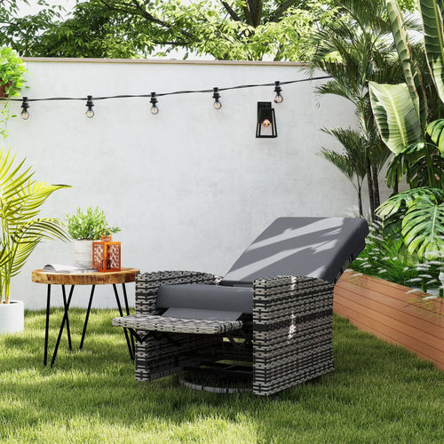 Outdoor Rattan Wicker Lounge Chair with Footrest, Soft Cushion, Grey