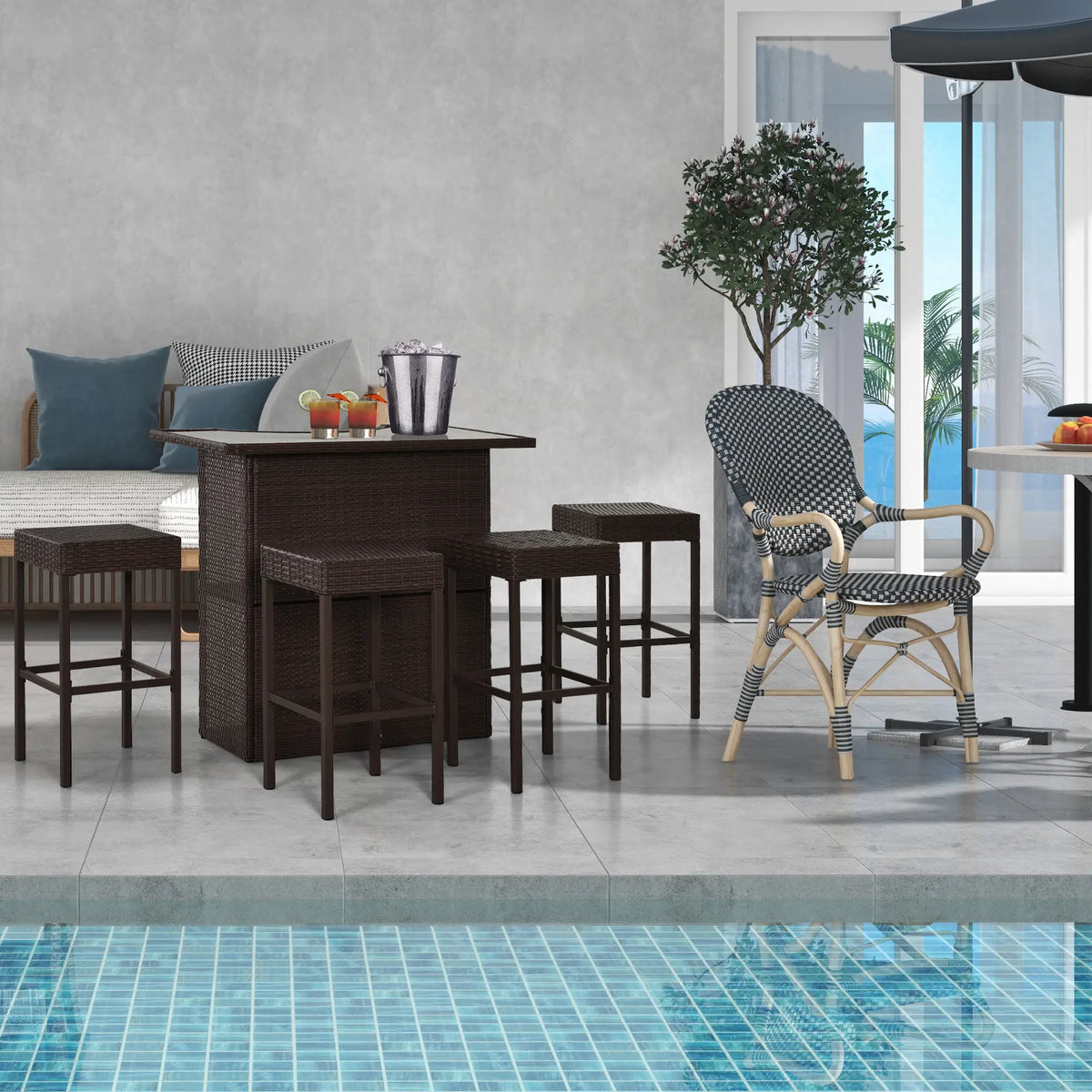 5 Pc Patio Bar Set, PE Rattan High Top Table & 4 Chairs, Dark Brown Bistro Sets at Gallery Canada