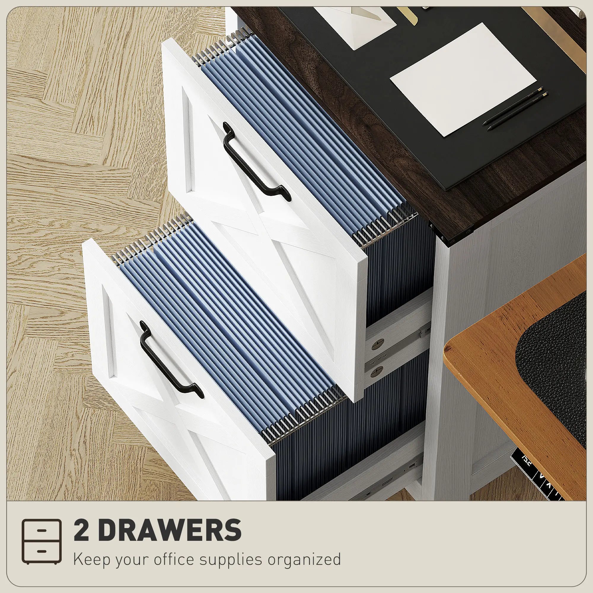 2 Drawer Vertical Filing Cabinet, Rustic Farmhouse, A4 Letter Size, Distressed-Off White Office Cabinets & Cupboards at Gallery Canada