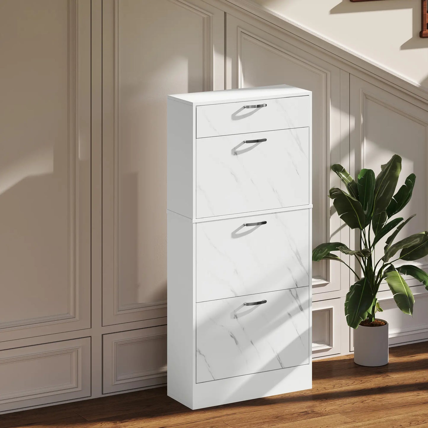 3 Flip Drawer Shoe Cabinet, Marble-Effect Narrow, White Shoe Storage Cabinets & Racks at Gallery Canada