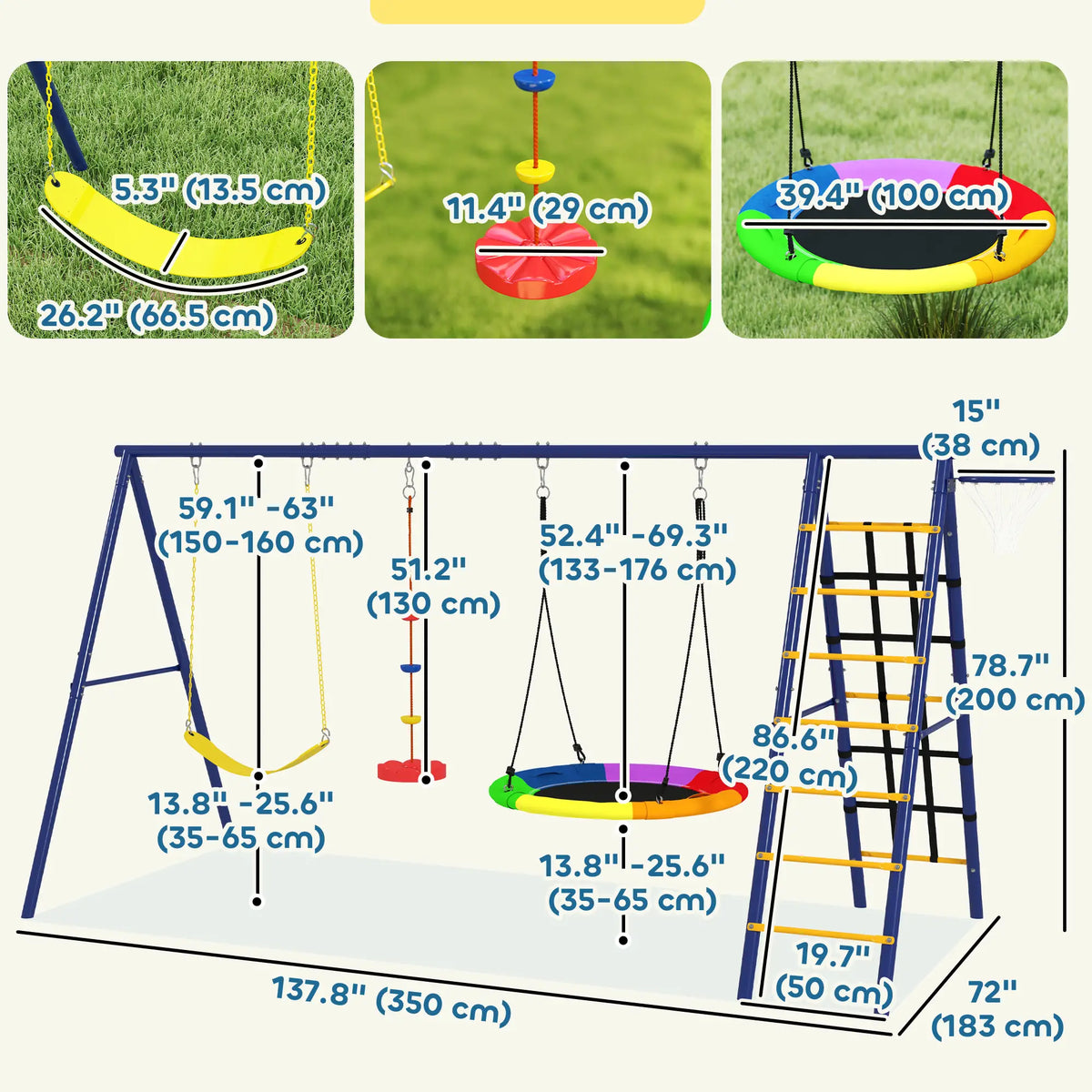 6 in 1 Kids Swing Set, Saucer Swing, Belt Swing, Disc Rope Swing, Ladder, Net, Basketball Hoop Gym Sets & Swings at Gallery Canada