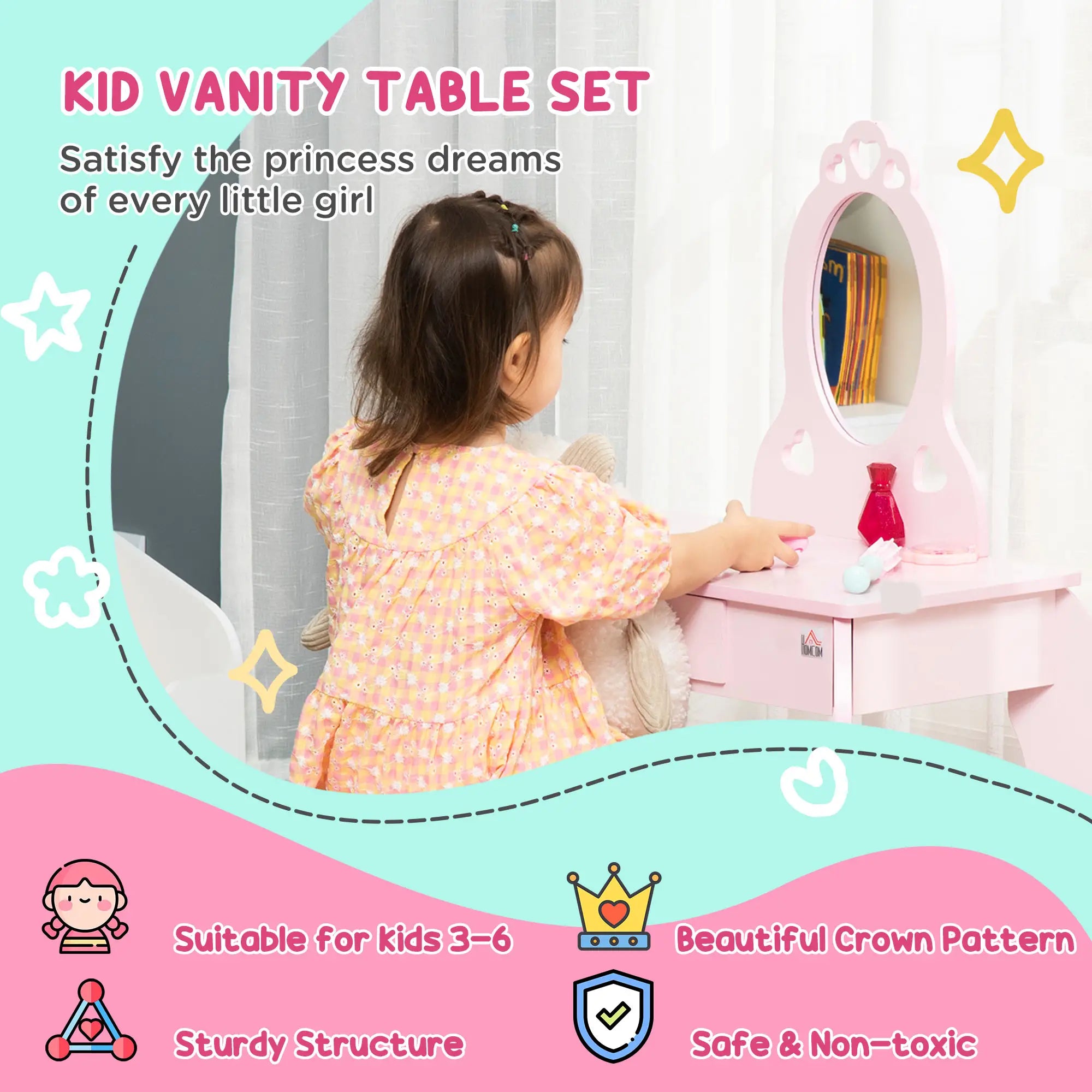 Kids Vanity Set with Mirror, Stool, Drawer, 3-6 Years, Pink Toy Vanity at Gallery Canada