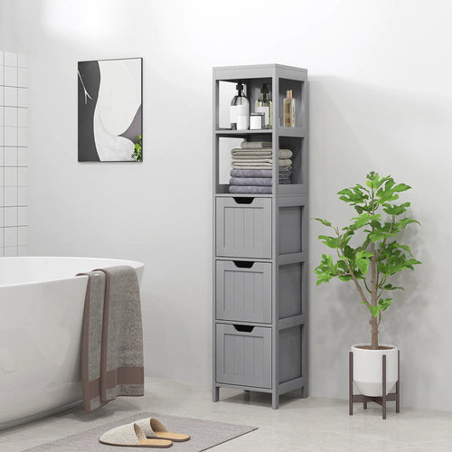 Narrow Bathroom Cabinet, 3 Drawers, 2 Tier Shelf, Tall Cupboard, Grey