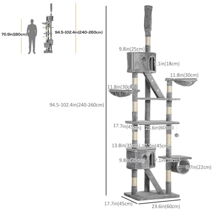 94"-102" Cat Tree, Ceiling High Condo, Scratching Post, Multi-Level Play House, Light Grey Floor to Ceiling Cat Trees at Gallery Canada