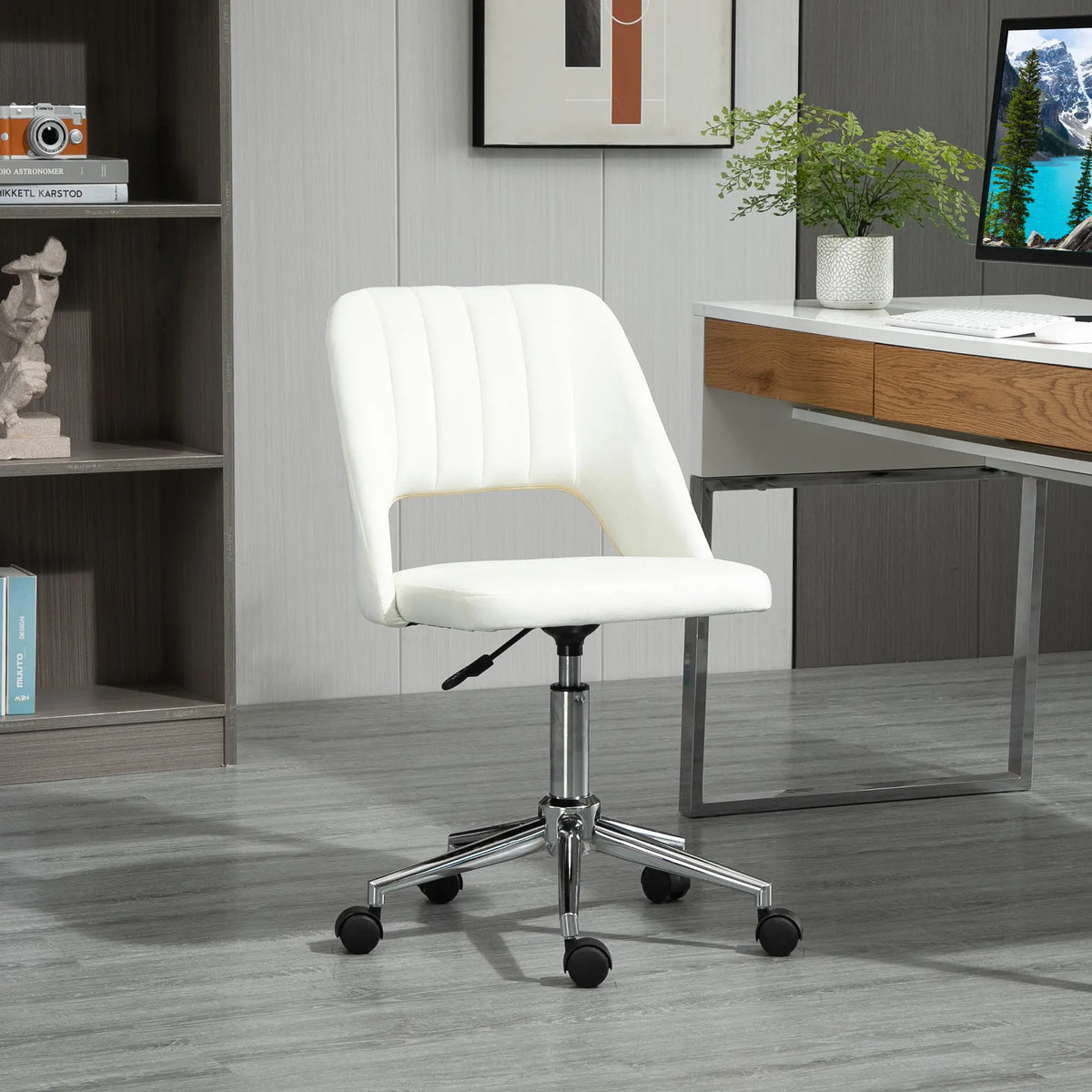 Mid Back Office Chair, Velvet Fabric, Swivel, Cream White Office Chairs at Gallery Canada