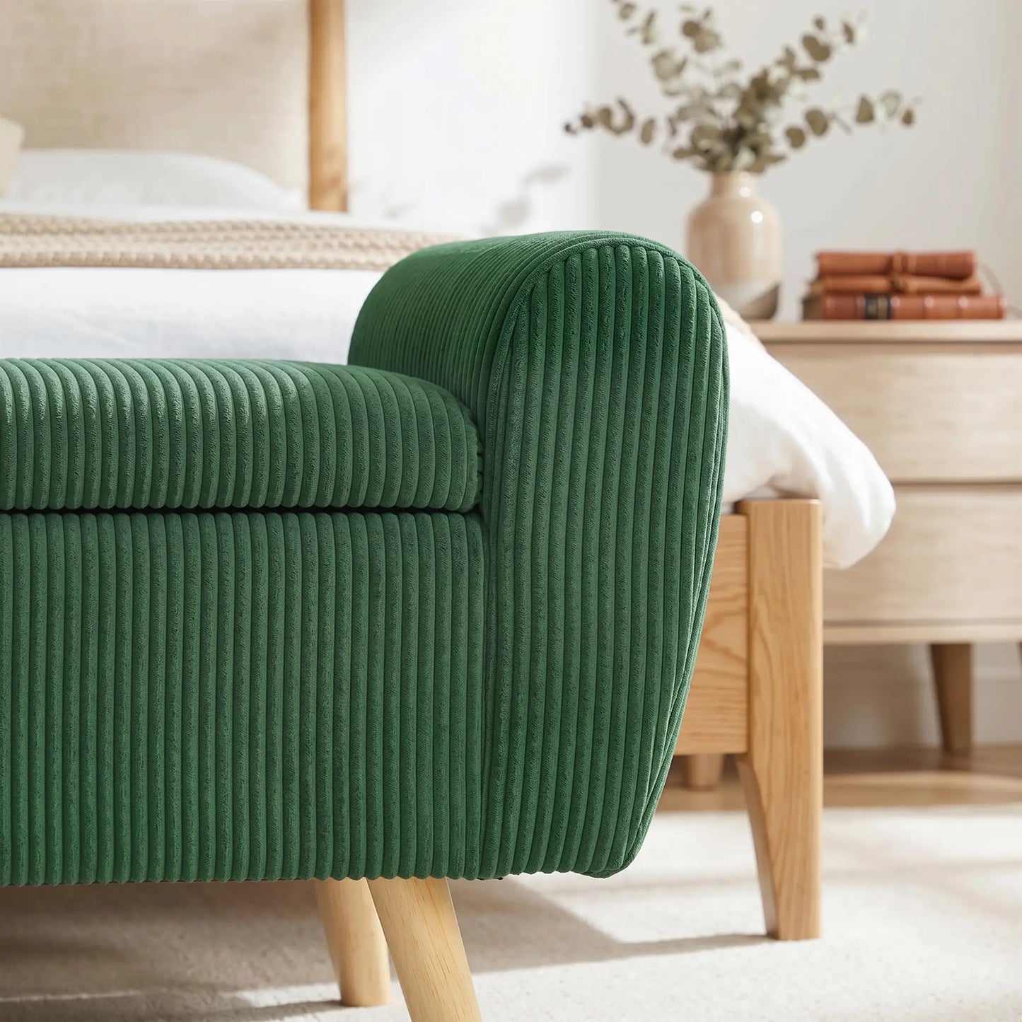 Storage Ottoman, 59" Corduroy Bed Bench, Dark Green Storage Ottomans & Benches at Gallery Canada