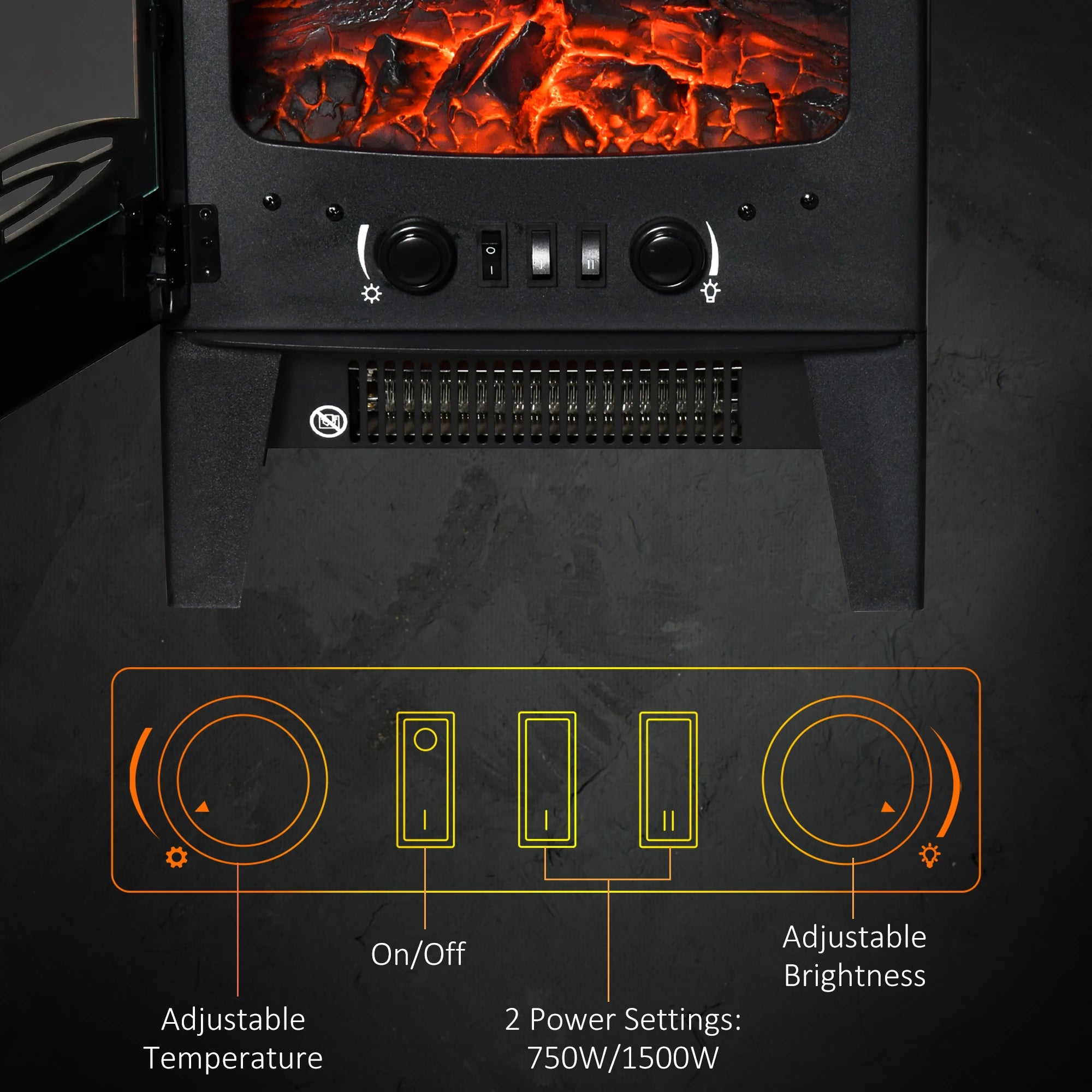 Electric Fireplace Heater, Freestanding, Adjustable Flame, Temperature, 750W/1500W, Black Electric Fireplaces at Gallery Canada