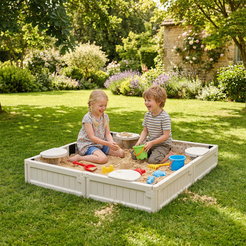 Kids Outdoor Sandbox with Canopy, Fabric Liner, Cream White