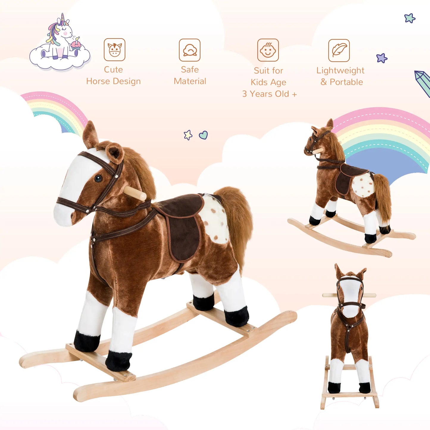 Baby Rocking Horse, Plush Animal Rocker, Ride on Toy, Realistic Sound, Brown Rocking Horses at Gallery Canada