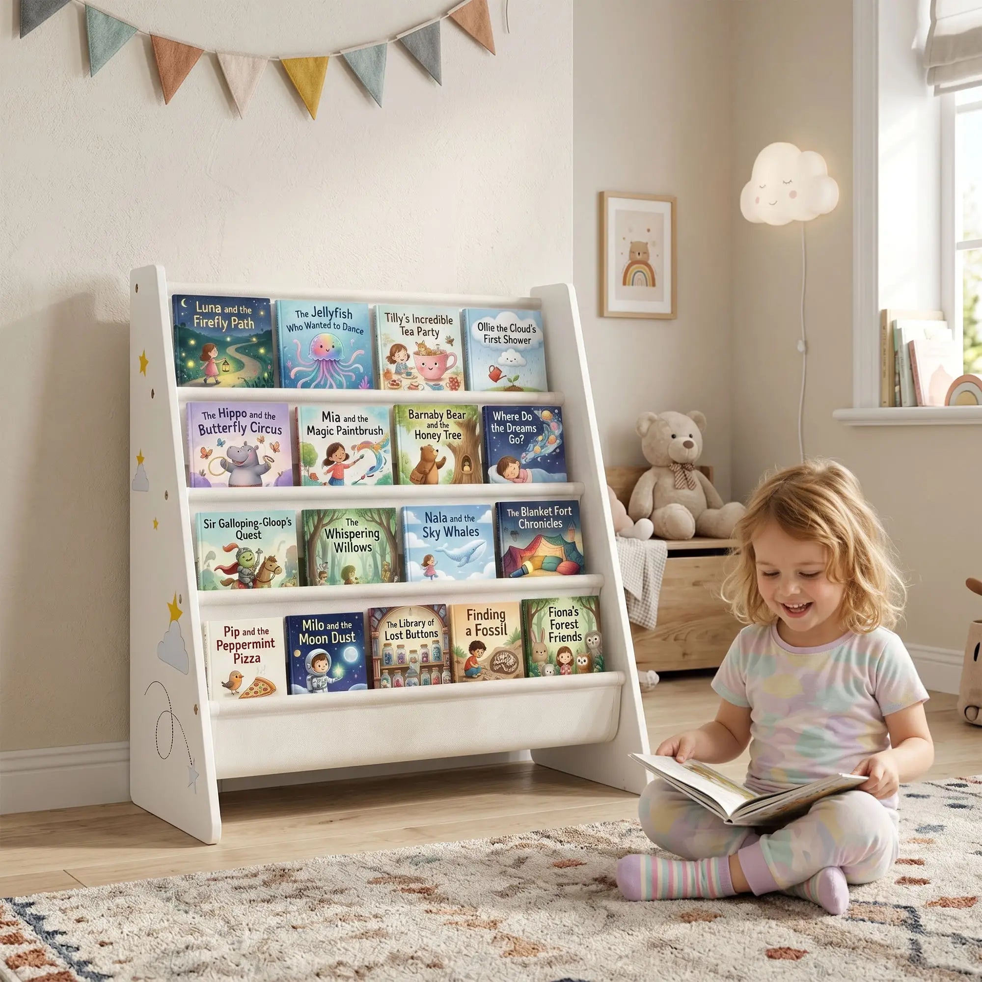 Fabric Kids Bookshelf, 4-Tier Toddler Sling Book Rack, White Baby & Kids Storage at Gallery Canada