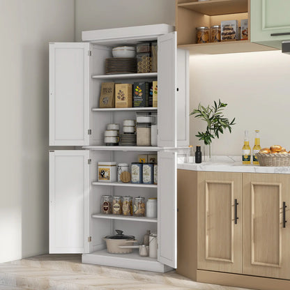 72.5" Freestanding Kitchen Pantry, 4 Doors, White Kitchen Pantry Cabinets at Gallery Canada