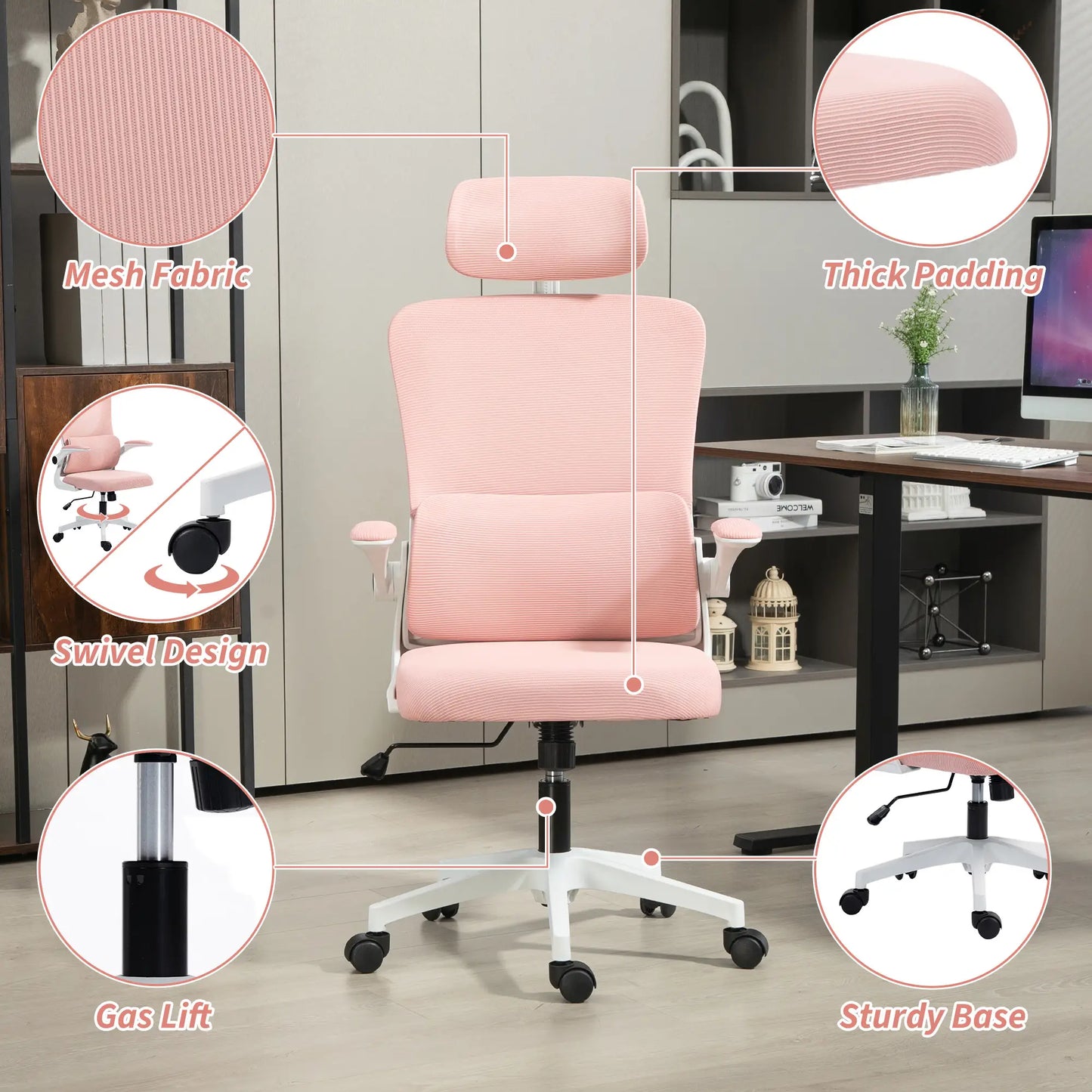Mesh Office Chair, High Back with Headrest, Lumbar Support, Adjustable Height, Pink Executive & Manager Chairs at Gallery Canada