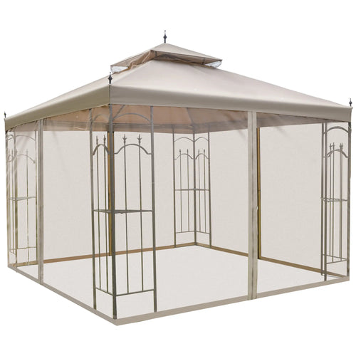 10' X 10' Steel Patio Gazebo With Mesh Curtains, Brown