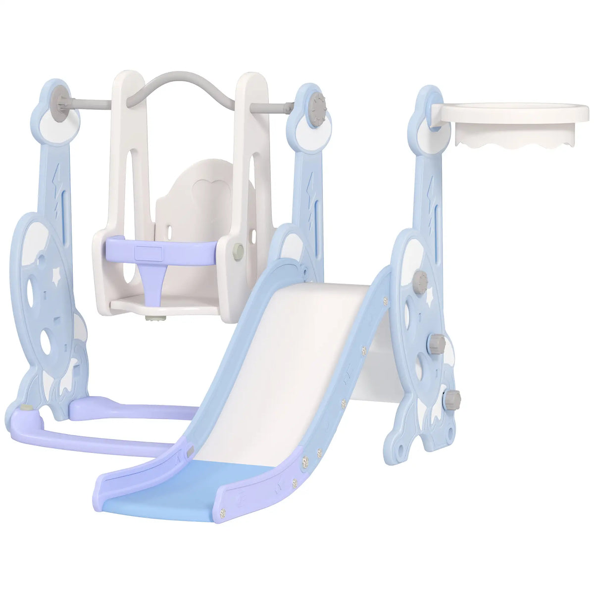 4-in-1 Slide Swing Set, Basketball Hoop, Climber, Ages 1.5-4, Rocket Themed, Light Blue Gym Sets & Swings Light Blue at Gallery Canada