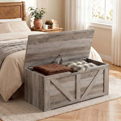 31.5" Storage Chest with Safety Hinge, Grey Wood Grain, Grey Storage Cabinets at Gallery Canada