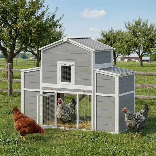 66.5" Large Chicken Coop, Wooden House, 2 Nesting Boxes, Sliding Tray, Ramp Chicken Coops Grey, White, Black at Gallery Canada