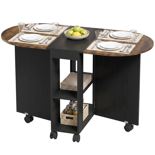 Folding Dining Table, Drop Leaf Design, 2 Shelves, 120cm, Rustic Brown, Brown