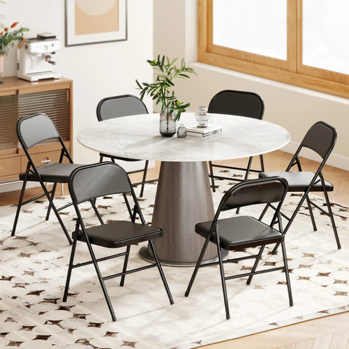 Set of 6 Metal Foldable Chairs, PU Leather Padded, Black