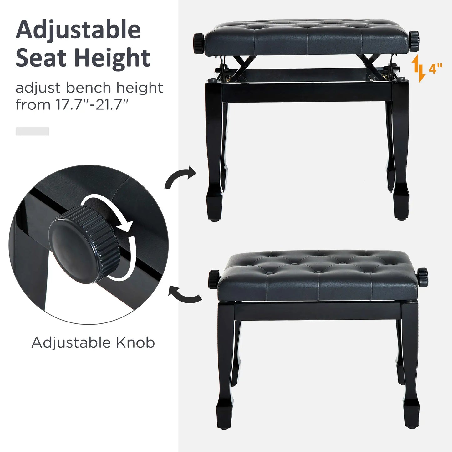 25" Adjustable Piano Bench, Padded Cushion, Storage, Black Piano Benches at Gallery Canada