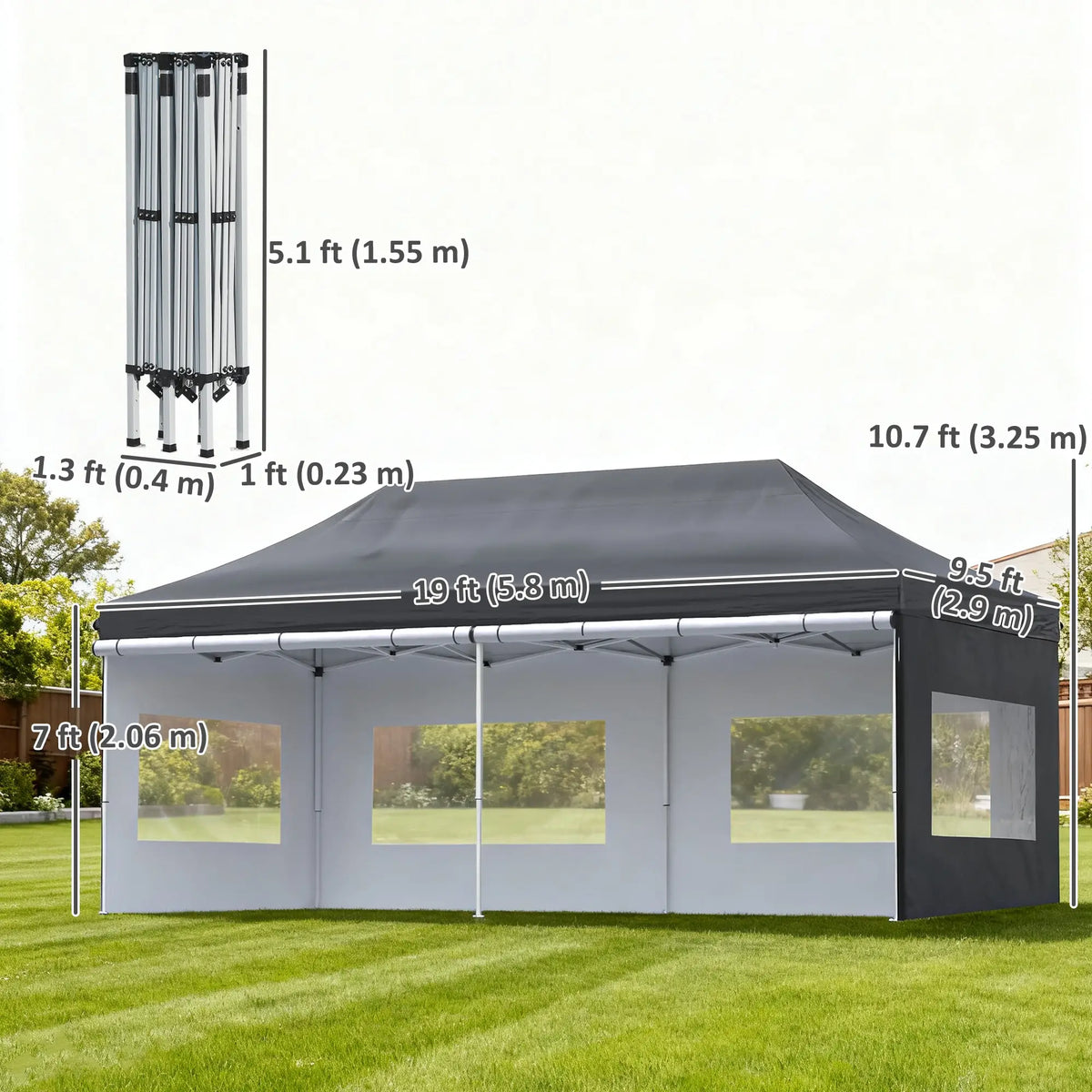 20' x 10' Folding Canopy Tent, Sidewalls, Windows, Black