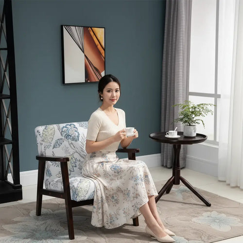 Mid-Century Modern Accent Chair, Retro Fabric Armchair, Wooden Arm, Floral