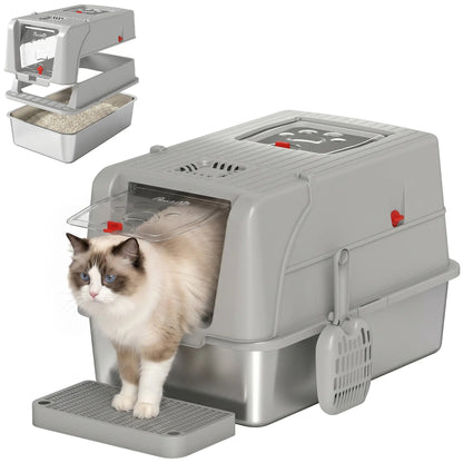 XL Stainless Steel Enclosed Cat Litter Box, Lid, Scoop, Step, Grey Cat Litter Box Enclosures at Gallery Canada