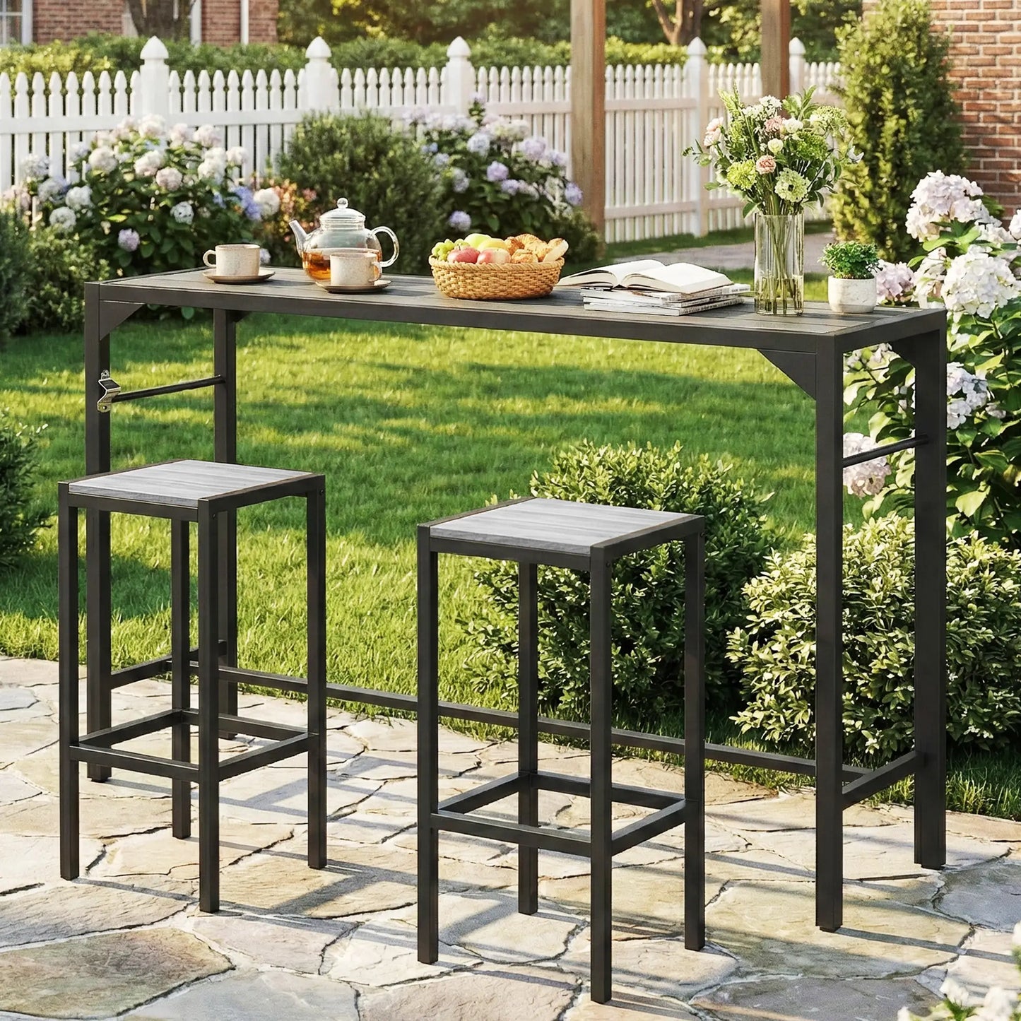 Outdoor Bar Table With Bottle Opener, Wood Grain Plastic Top, 55" x 15" x 39" Patio Dining Tables at Gallery Canada
