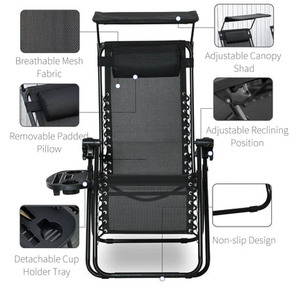 2 Piece Foldable Lounge Chair with Canopy Shade, Outdoor Zero Gravity Chair w/ Side Tray &; Cup Holder, Reclining Lounger w/ Breathable Mesh Fabric Seat, Pillow, Black Lounger Chairs at Gallery Canada