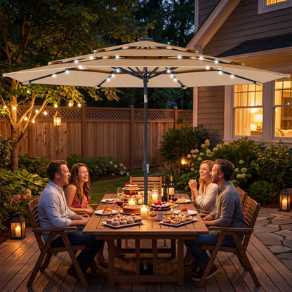 9.3 ft Patio Umbrella With Solar LED Lights, Cover, Tilt, Crank, Khaki Sun Umbrellas at Gallery Canada