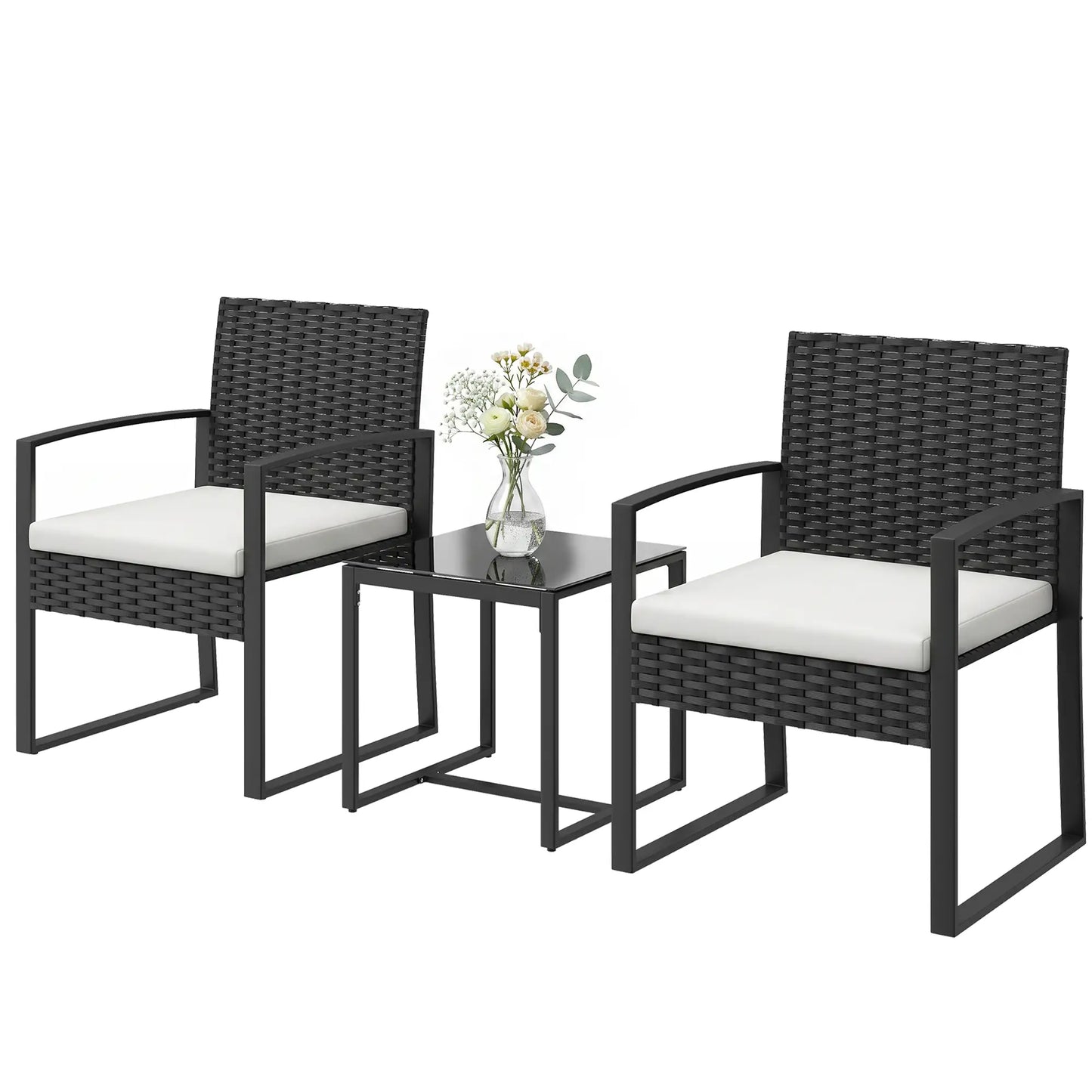3 Piece Wicker Patio Set, Glass Top Table With Cushions, Cream White Bistro Sets Black, Cream White at Gallery Canada