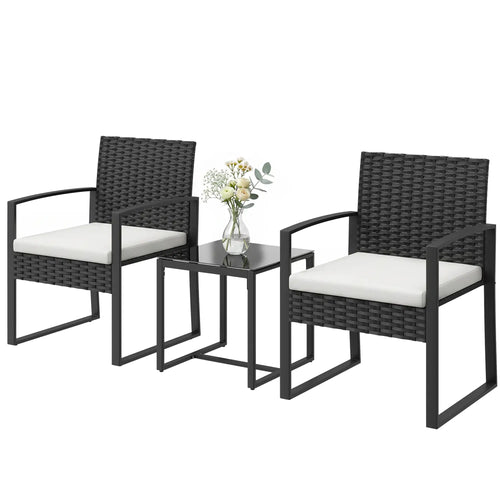 3 Piece Wicker Patio Set, Glass Top Table With Cushions, Cream White