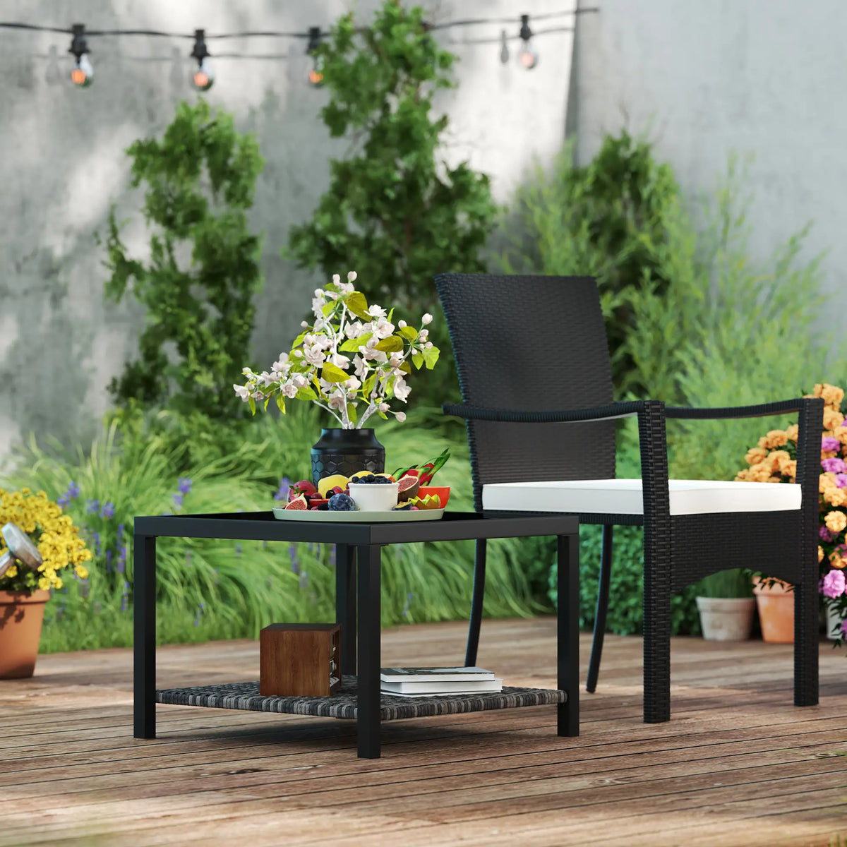 23.6" Rattan End Table, Outdoor Coffee Table, Tempered Glass Top, Black Patio Side Tables at Gallery Canada