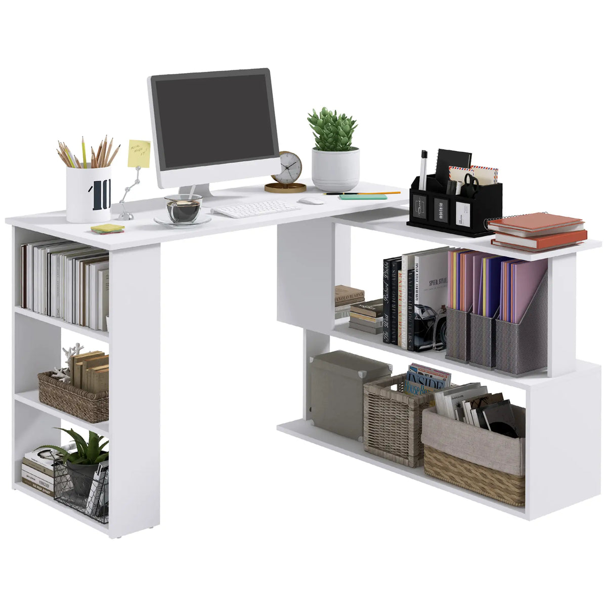 47" L Shaped Desk, Rotating Corner Desk, Reversible Workstation, White Writing Desks White at Gallery Canada