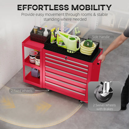 Coffre à outils roulant à 7 tiroirs, armoire verrouillable avec étagère latérale, rouge