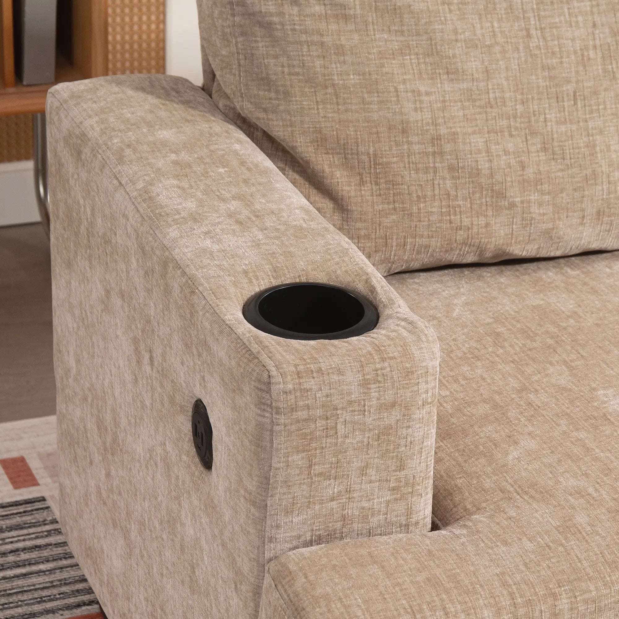 3 Seater Sofa with USB Ports, Cup Holders, Chenille Upholstery, Light Brown 3-Seater Sofas at Gallery Canada