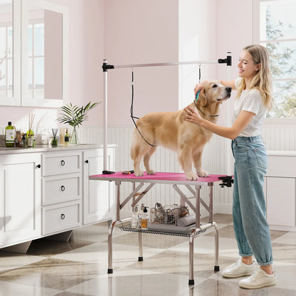 Adjustable Dog Grooming Table, 2 Safety Slings, Storage Basket, Pink Dog Grooming Tables at Gallery Canada