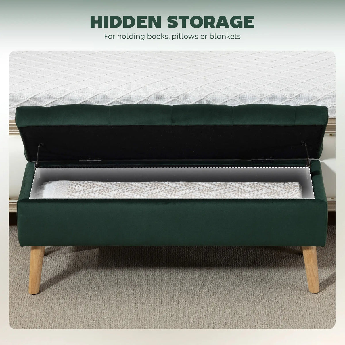 Velvet Storage Ottoman with Lid, Wood Legs, Dark Green Storage Ottomans & Benches at Gallery Canada