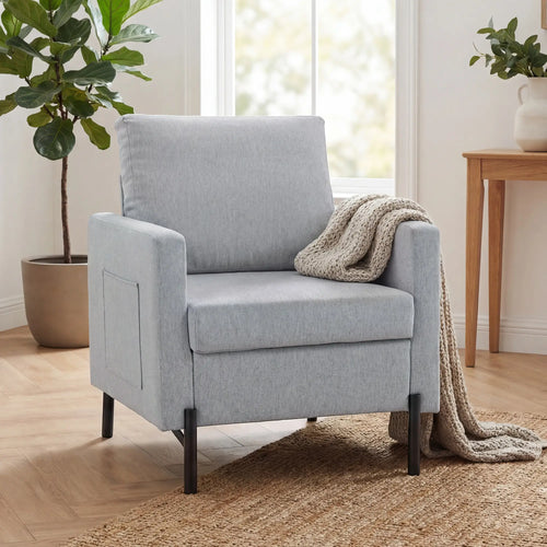 Modern Upholstered Armchair With Side Pockets, Cushion, Light Grey