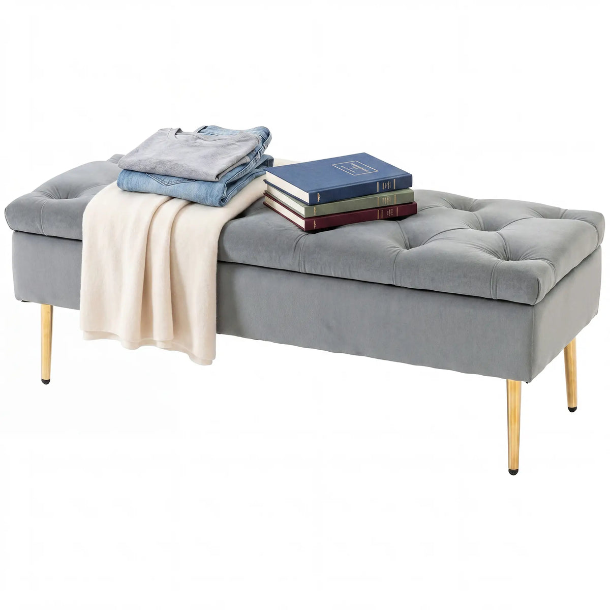 Upholstered Bedroom Bench with Gold Tone Metal Legs, Velvet Tufted and Thick Padding, Grey Storage Ottomans & Benches Grey, Gold Tone at Gallery Canada