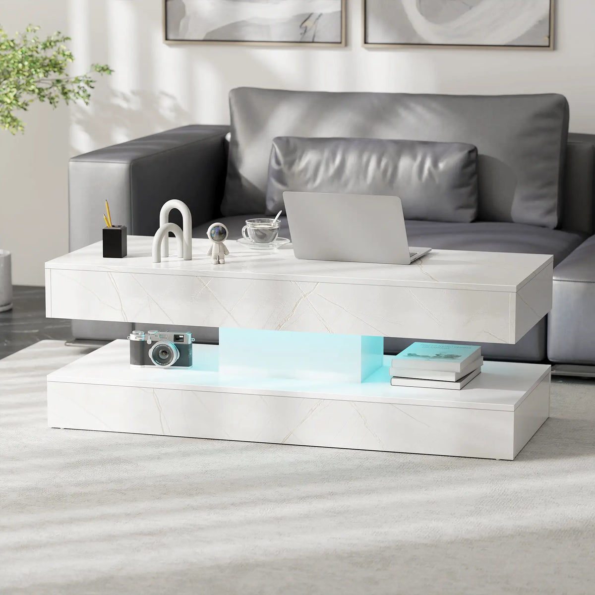 Adjustable LED Coffee Table, 2 Drawers, Open Shelf, Remote, White Coffee Tables at Gallery Canada