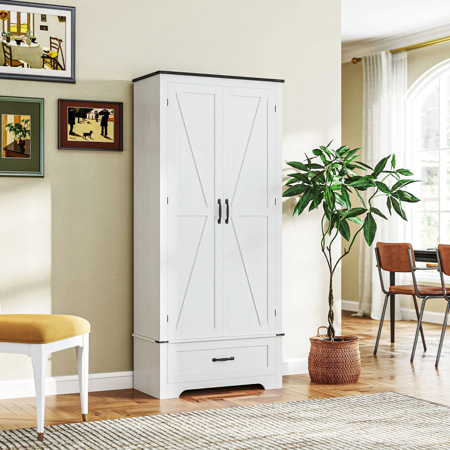 72" Farmhouse Pantry Cabinet, Adjustable Shelves, 2 Doors, White Wood Grain, White Kitchen Pantry Cabinets at Gallery Canada