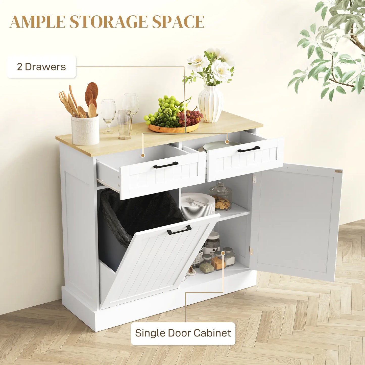 Hidden Garbage Bin Cabinet, Tilt Out Trash, 2 Drawers, White Bar Cabinets at Gallery Canada