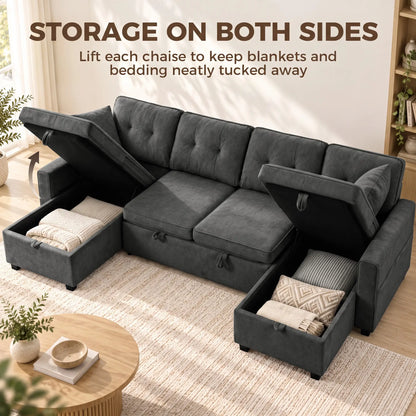 U Shaped Sectional Sofa Bed, 113" Pull Out Sleeper, Dark Grey 3-Seater Sofas at Gallery Canada