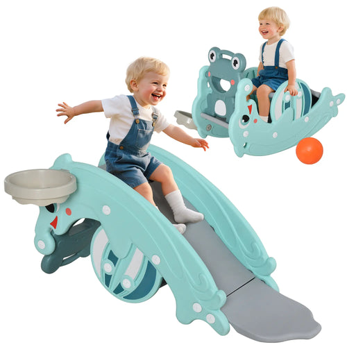 3-in-1 Kids Slide, Rocking Horse, Basketball Hoop, Age 1.5-3, Green