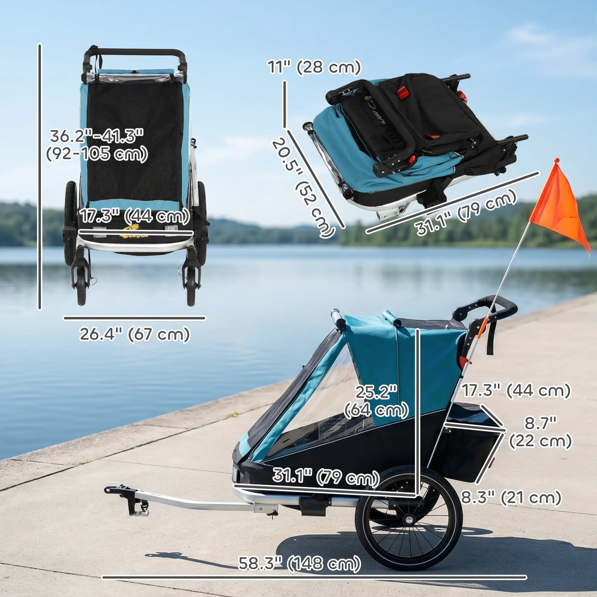 3-in-1 Bike Trailer for Kids, Baby Stroller and Jogger, Foldable Child Bicycle Trailer with Reclining Seat, Blue Kids Bike Trailers at Gallery Canada