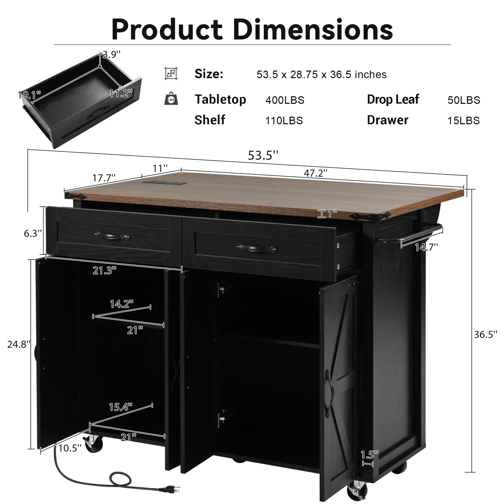 Kitchen Island with Spice Rack, Storage Drawers, Power Outlet, 53.5