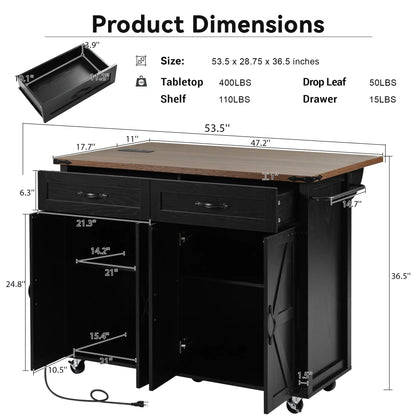 Kitchen Island with Spice Rack, Storage Drawers, Power Outlet, 53.5" L x 29" W x 36.5" H, Black Kitchen Islands & Kitchen Carts at Gallery Canada