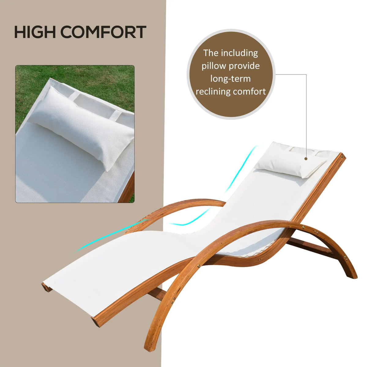 Outdoor Wood Sling Chaise Lounge, Garden Mesh Lounger, Cream Lounger Chairs at Gallery Canada