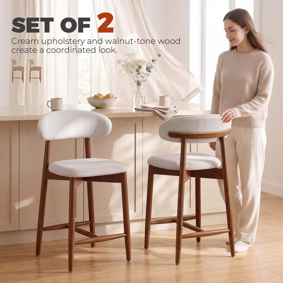 Bar Stools Set Of 2, Cream White, Curved Back Counter Height Bar Stools at Gallery Canada