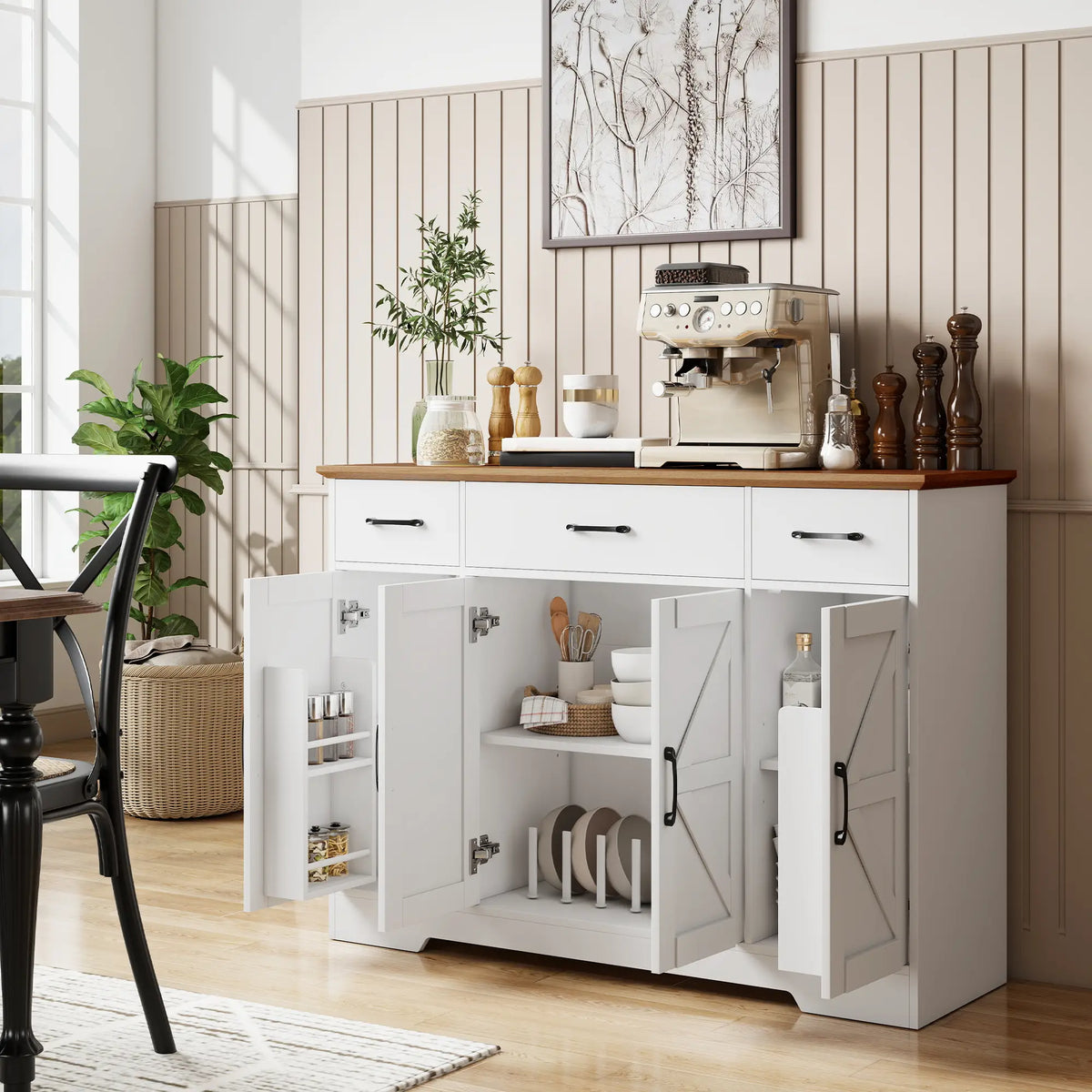 47" Buffet Cabinet, Farmhouse Sideboard, 3 Drawers, Adjustable Shelves, White Bar Cabinets at Gallery Canada